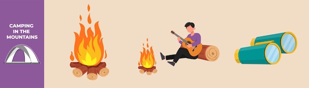 Vector happy boy playing guitar in front of bonfire and binoculars camping equipment set concept flat vector illustrations isolated