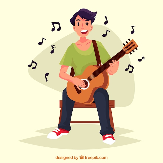 Vector happy boy playing the guitar