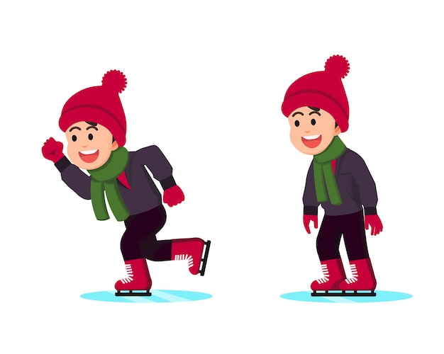 Happy boy playing ice skating in winter clothes