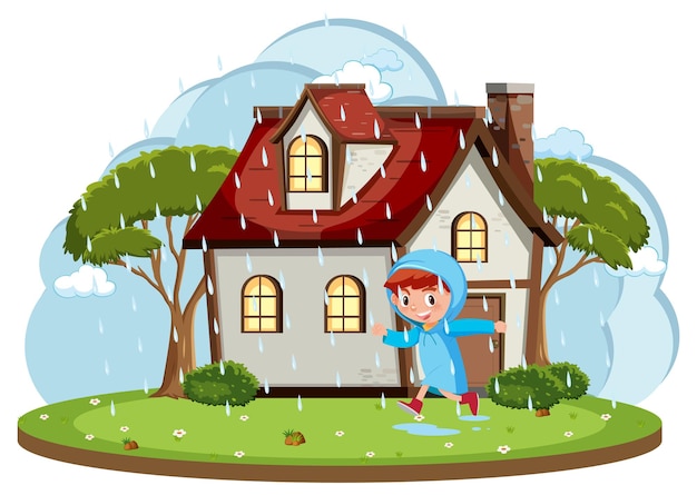 Vector happy boy playing raining in front of house cartoon