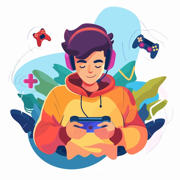 Vector happy boy playing video games on console vector illustration in cartoon style