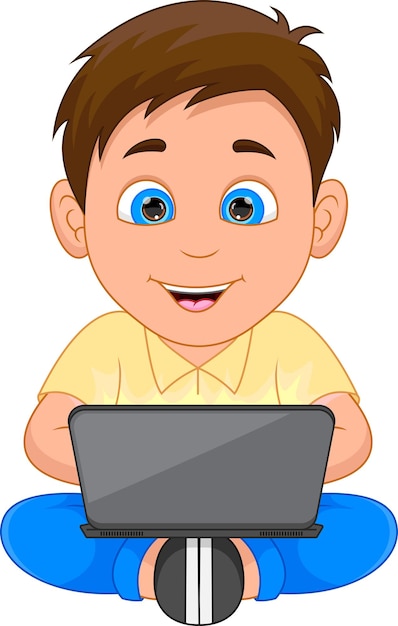 happy boy playing with a laptop on white background