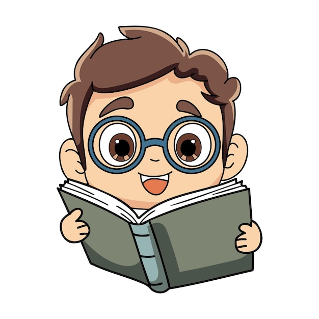 Happy boy reading a book illustration in doodle style