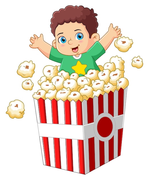 Happy boy ready to eat a big popcorn bucket