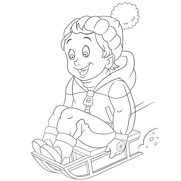 Happy boy riding sleigh. Cartoon coloring book page for kids.