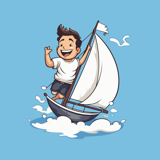 Happy boy sailing on a sailboat Vector cartoon illustration isolated on blue background