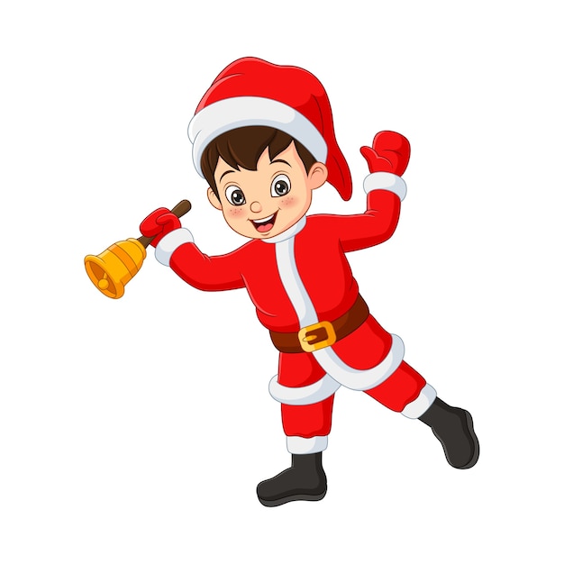 Happy boy in Santa Claus costume holding a bell