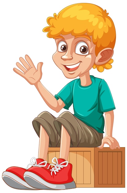 Vector happy boy sitting on a wooden box