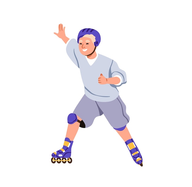 Вектор Счастливый мальчик катается на роликовых коньках, качается в ботинках, улыбается, ребенок катается на коньках в защитном шлеме, веселый, активный ребенок, спортивная деятельность на открытом воздухе, плоская векторная иллюстрация, изолированная на белом фоне