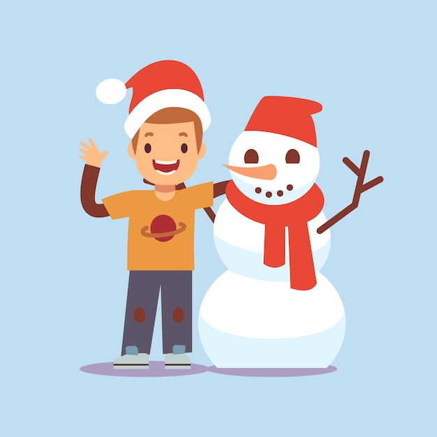 Happy boy and snowman. Christmas party cartoon characters