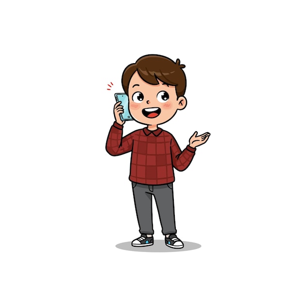 happy boy talking on phone cartoon illustration