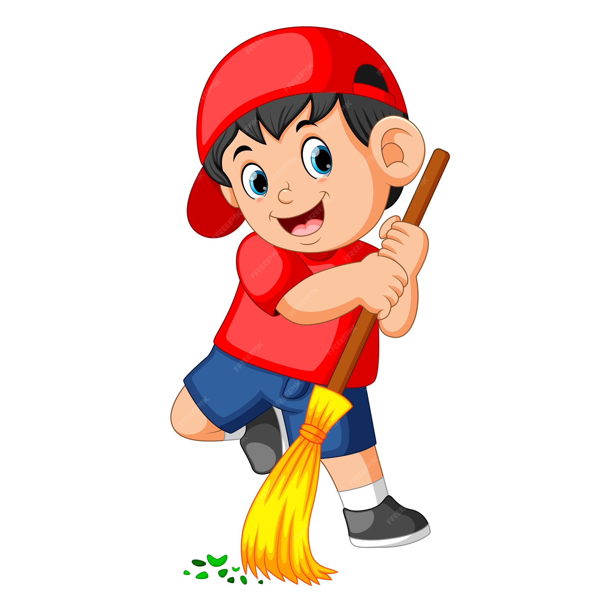 Premium Vector | Happy boy using the red cap sweep the trash with the long broom Premium Vector | Happy boy using the red cap sweep the trash with the long broom