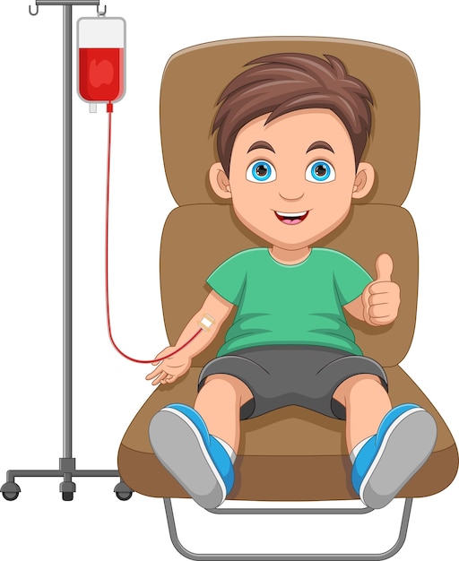 Vector happy boy volunteer donating blood cartoon