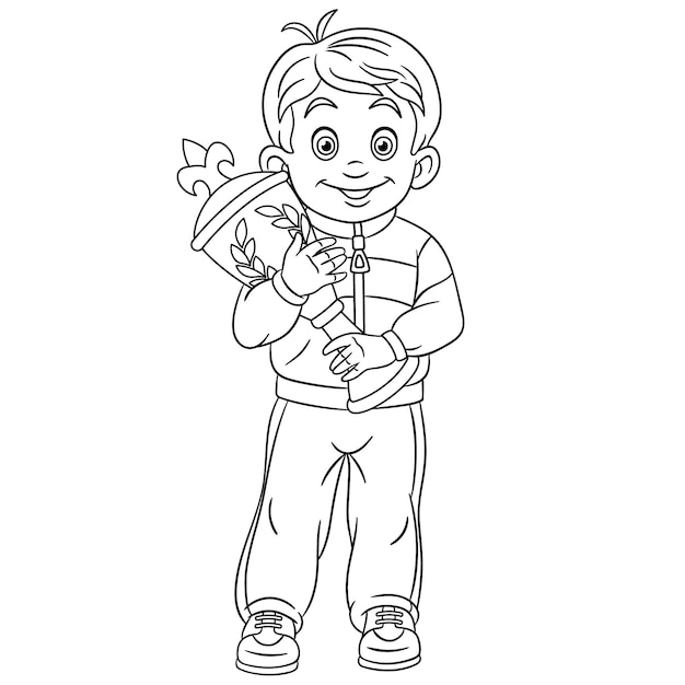 Happy boy winning first place cup. Cartoon coloring book page for kids.