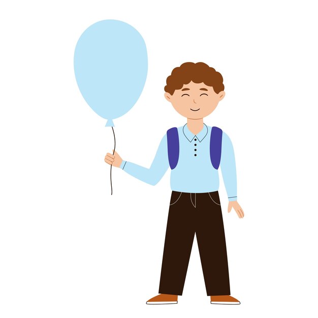 Счастливый мальчик с рюкзаком и воздушным шаром в школьной форме. Векторная иллюстрация с концепцией возвращения в школу.