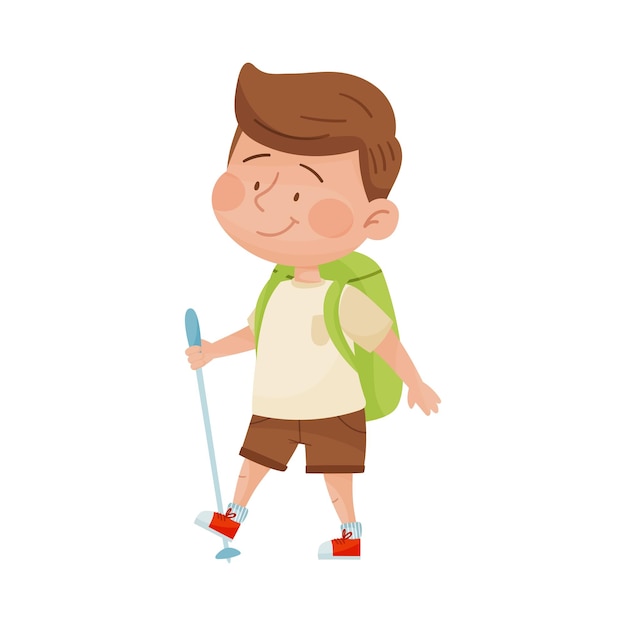 バックパックと棒を背負った幸せな少年がハイキングのベクトルイラストを描いています