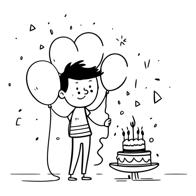 Happy boy with birthday cake and balloons in cartoon style