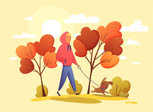 Vector happy boy with dog in an autumn park illustration