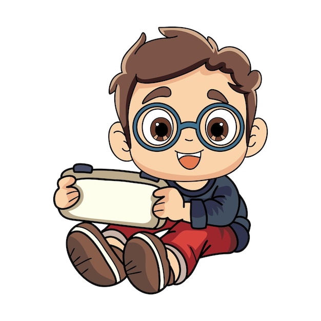 落書き風のポータブル ゲームのキャラクター イラストを持つ幸せな少年