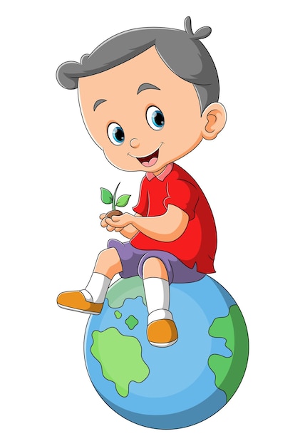 The happy boy with the small plant is sitting on the earth of illustration