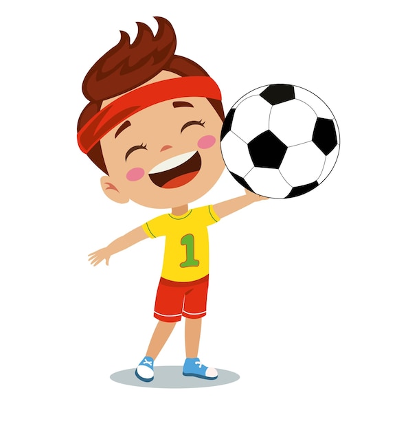 Vector happy boy with soccer ball and sportsman