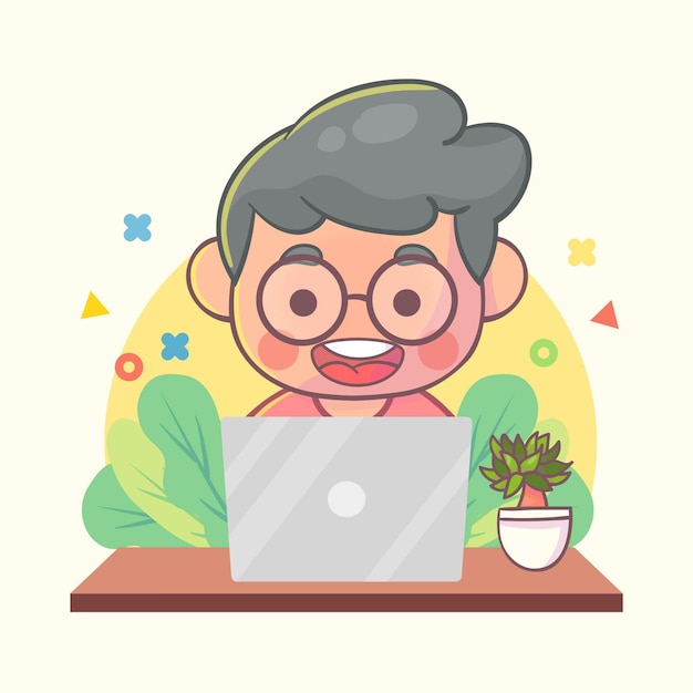 Happy boy working on laptop cartoon