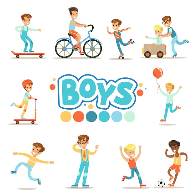 Счастливые мальчики и их ожидаемое классическое поведение с активными играми спортивные практики набор традиционных мужских ролевых иллюстраций
