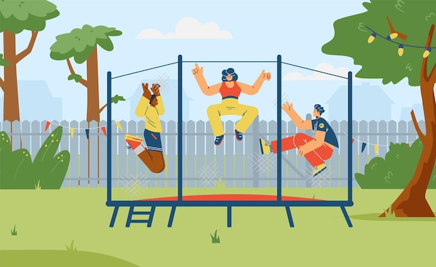 Happy boys and girls jumping on the trampoline flat vector illustration