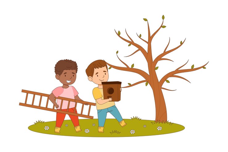 Vector happy boys walking with nesting box and ladder engaged in spring season activity vector illustration