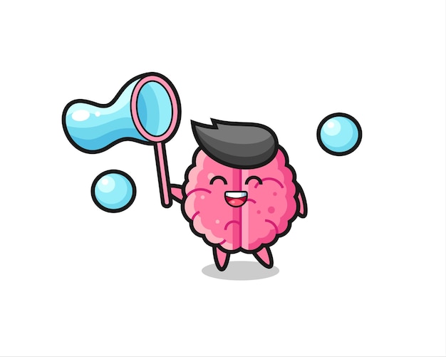 Happy brain cartoon playing soap bubble , cute style design for t shirt, sticker, logo element