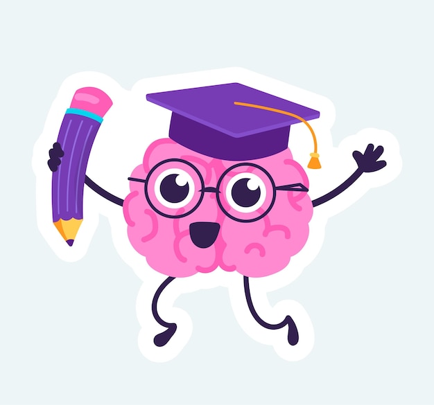 Vector happy brain with cute face in graduation hat science and education