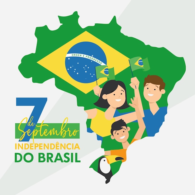 벡터 깃발과 큰부리새 벡터를 들고 행복 한 브라질 독립 기념일 사람들