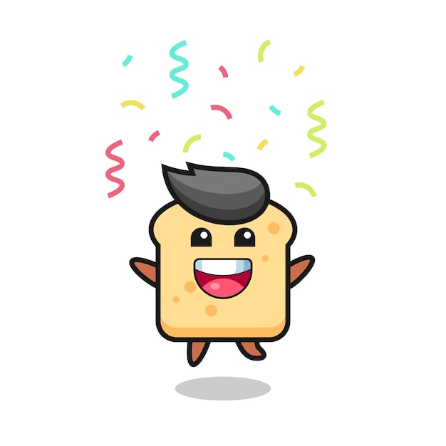 Happy bread mascot jumping for congratulation with colour confetti