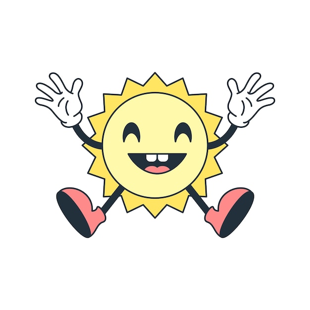 Happy bright sun jumping greeting cartoon character comic mascot retro 30s animation style icon vector flat illustration Cute cheerful summer sunny emoticon positive welcome emotion outline logo