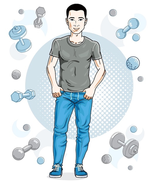 Vector happy brunet young adult man standing on simple background with dumbbells and barbells. vector character, sport and fitness theme.