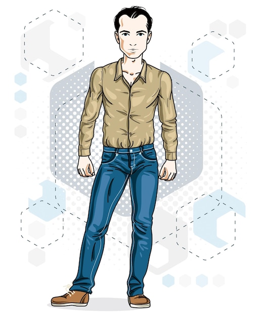 Happy brunet young adult man standing. vector character wearing casual clothes like jeans and cotton shirt.