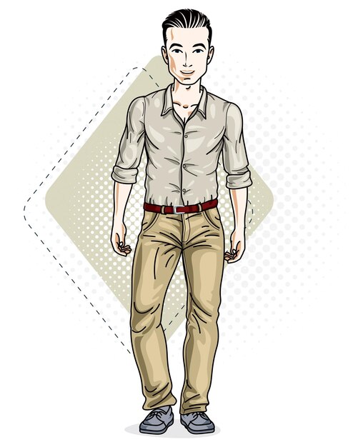 Vector happy brunet young adult man standing. vector character wearing casual clothes like jeans and cotton shirt.