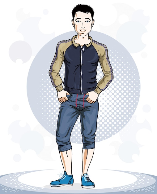 Happy brunet young adult man standing. Vector character wearing sport clothes, healthy lifestyle and fitness theme.