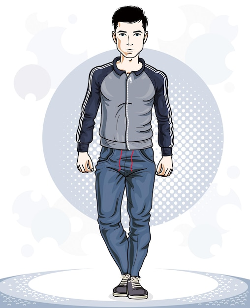 Happy brunet young adult man standing. Vector character wearing sport clothes, healthy lifestyle and fitness theme.