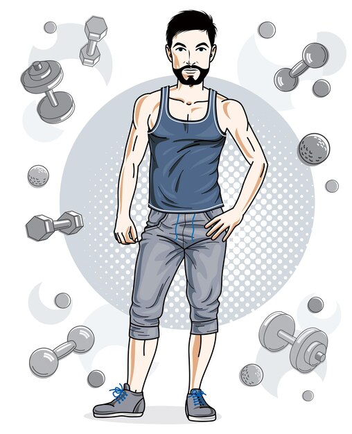 Happy brunet young adult man with beard and mustaches is standing on simple background with dumbbells and barbells. Vector character, sport and fitness theme.