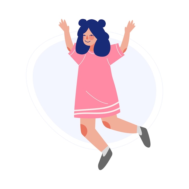 Vector happy brunette girl in pink dress happily jumping smiling child having fun vector illustration