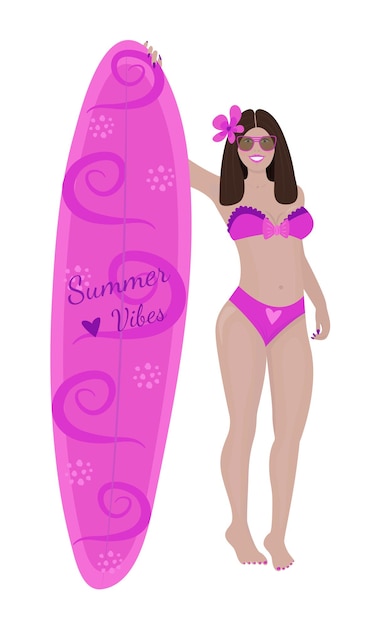 Happy brunette woman in sunglasses and with a sailboard