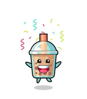 Felice mascotte del bubble tea che salta per congratulazioni con coriandoli colorati