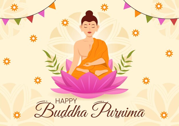 Vesak Day 또는 손으로 그린 템플릿의 인도 축제가 포함된 Happy Buddha Purnima 일러스트레이션