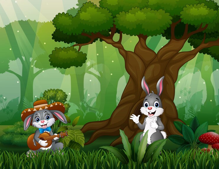 Vector happy bunnies having fun in the jungle