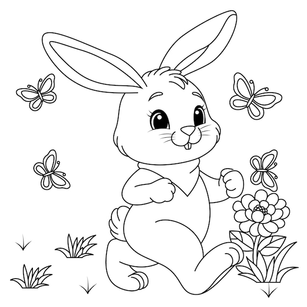 Happy bunny walking with buterflies background coloring page