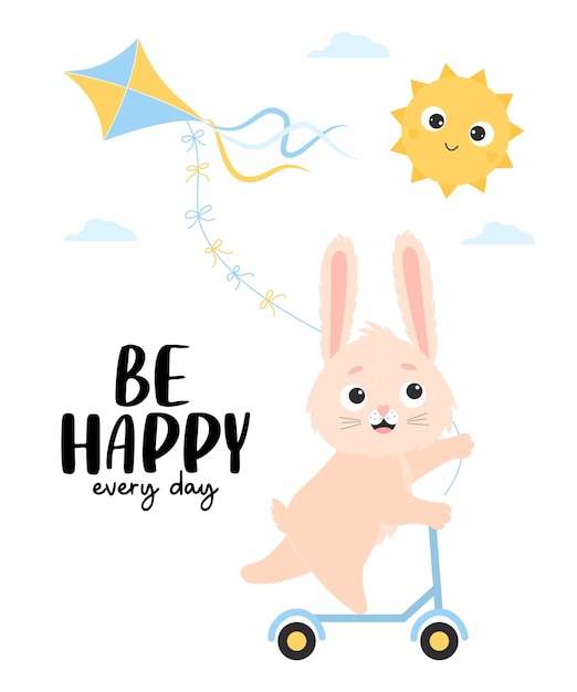 Happy bunny with on scooter with kite and sun Card with cute rabbit character Be happy every day