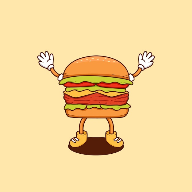 Happy burger cartoon illustration retro burger cartoon mascot vector illustration in happy jumping pose