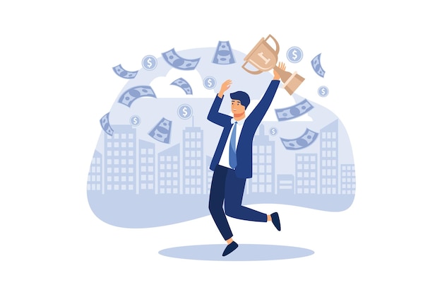 Vector happy business man jumping under money rain with golden trophy cup. flat vector illustration