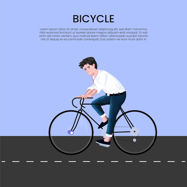 Un uomo d'affari felice guida una bicicletta su strada illustrazione